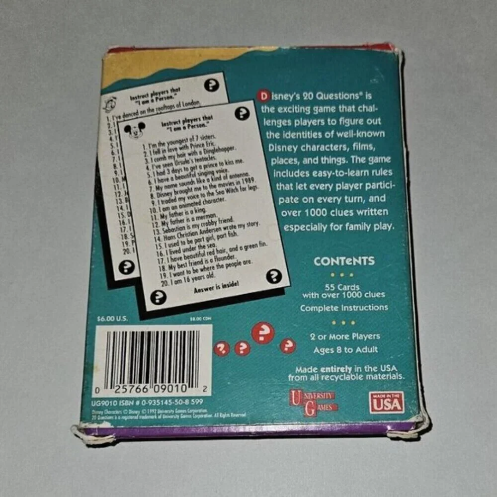 VTG Disney's 20 Questions Guessing Game Cards Characters People Place Thing 1992